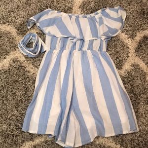 Off the shoulder blue and white striped romper